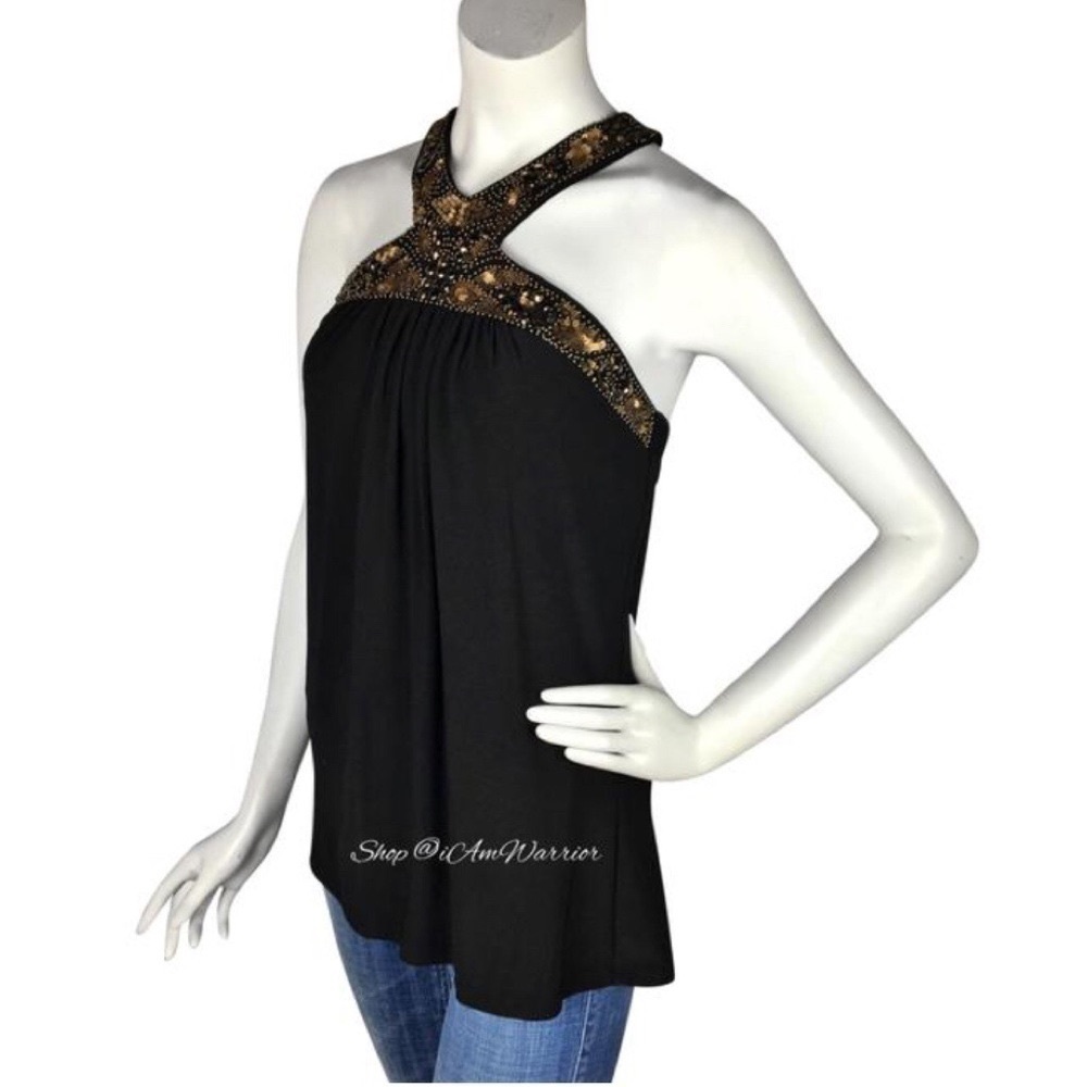 Cache Bronze Beaded Sequin Stretchy Halter Top *S… - image 3